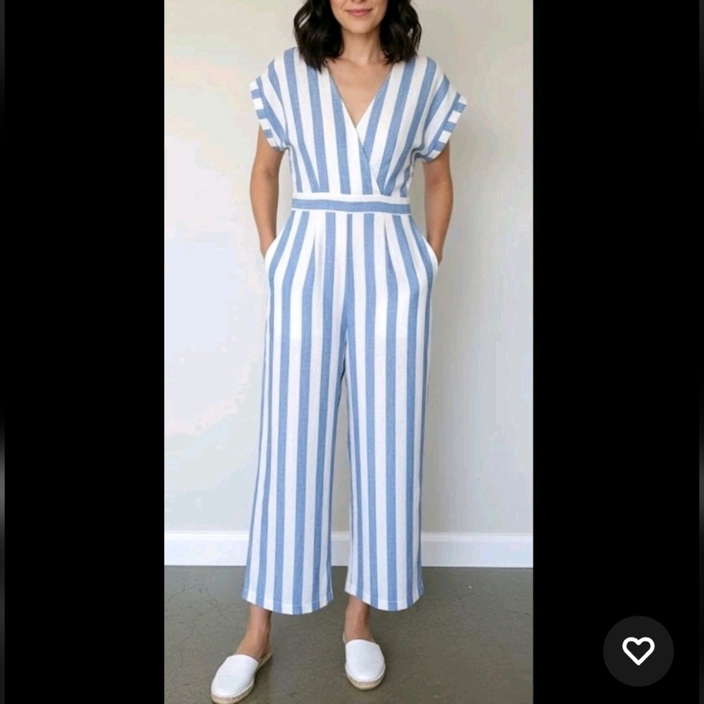 Miss Me jumpsuit Striped Linen White Blue pockets Summer Beach Vacation sz S
